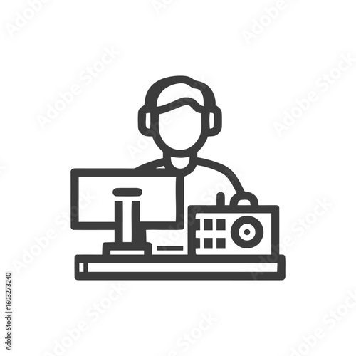 Minimalist Line Icon of a Sound Engineer or Broadcaster at a Mixing Console