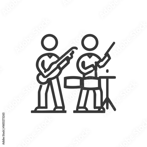 Rock Duo Performance: Bold Line Art Icon of Guitar and Drum Players