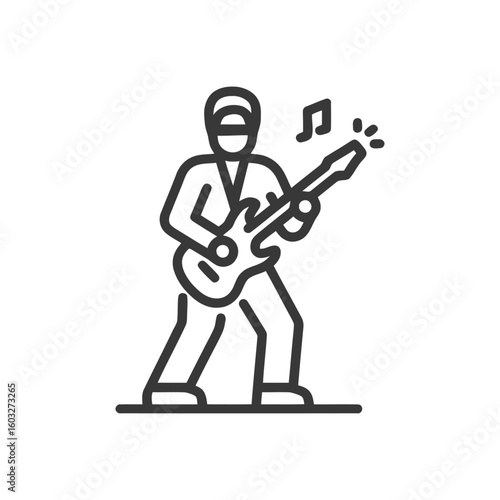 Energetic Guitarist in Action: Minimalist Line Art Icon of a Rock Musician Playing a Solo
