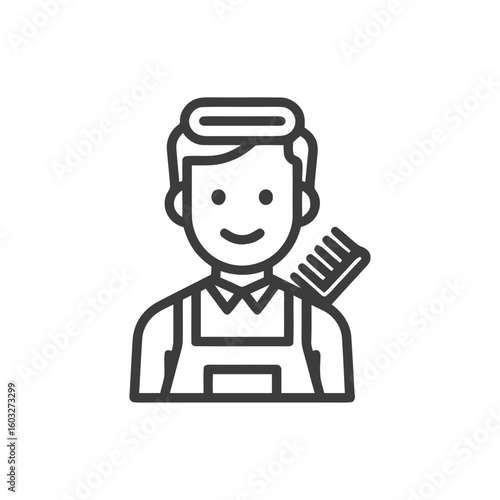 Friendly Barber with Comb and Apron, Professional Hair Stylist Line Icon