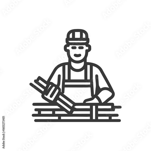 Skilled Builder Laying Bricks with Trowel, Professional Construction Worker Outline Icon