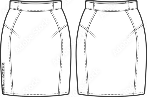 CAD drawing flat vector illustration, pencil skirt fashion design, front and back technical views, stylish garment sketch, sewing pattern layout