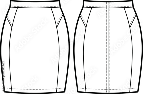CAD drawing flat vector illustration, pencil skirt fashion design, technical garment sketch, sewing pattern layout, stylish clothing template blueprint
