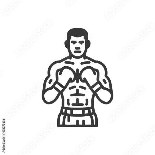 Bold Line Art Icon of a Muscular Boxer in a Defensive Fighting Stance