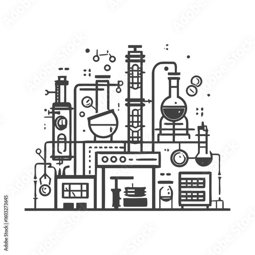 Intricate Line Art of a Stylized Chemical Laboratory Contraption