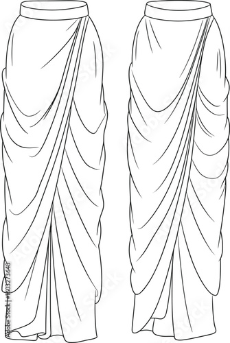 CAD drawing flat vector illustration, elegant draped skirt designs, fashion apparel template, sewing pattern layout, garment sketch, stylish clothing blueprint