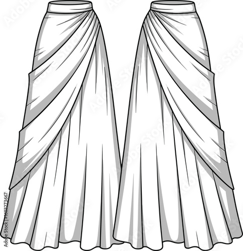 CAD drawing flat vector illustration, elegant draped skirt design, fashion sketch template, clothing blueprint, sewing pattern, stylish apparel layout