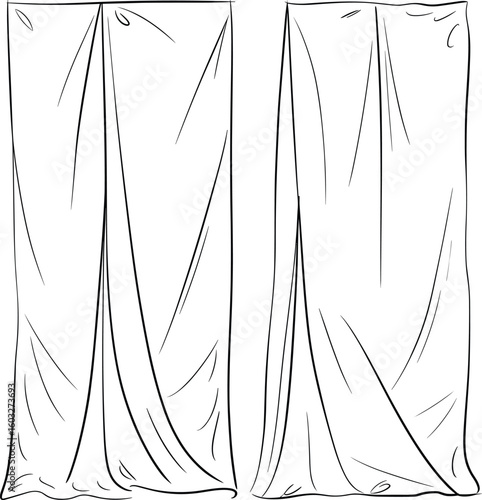 CAD drawing flat vector illustration, elegant curtain drapery design, symmetrical window treatment sketch, home decor pattern, stylish interior template