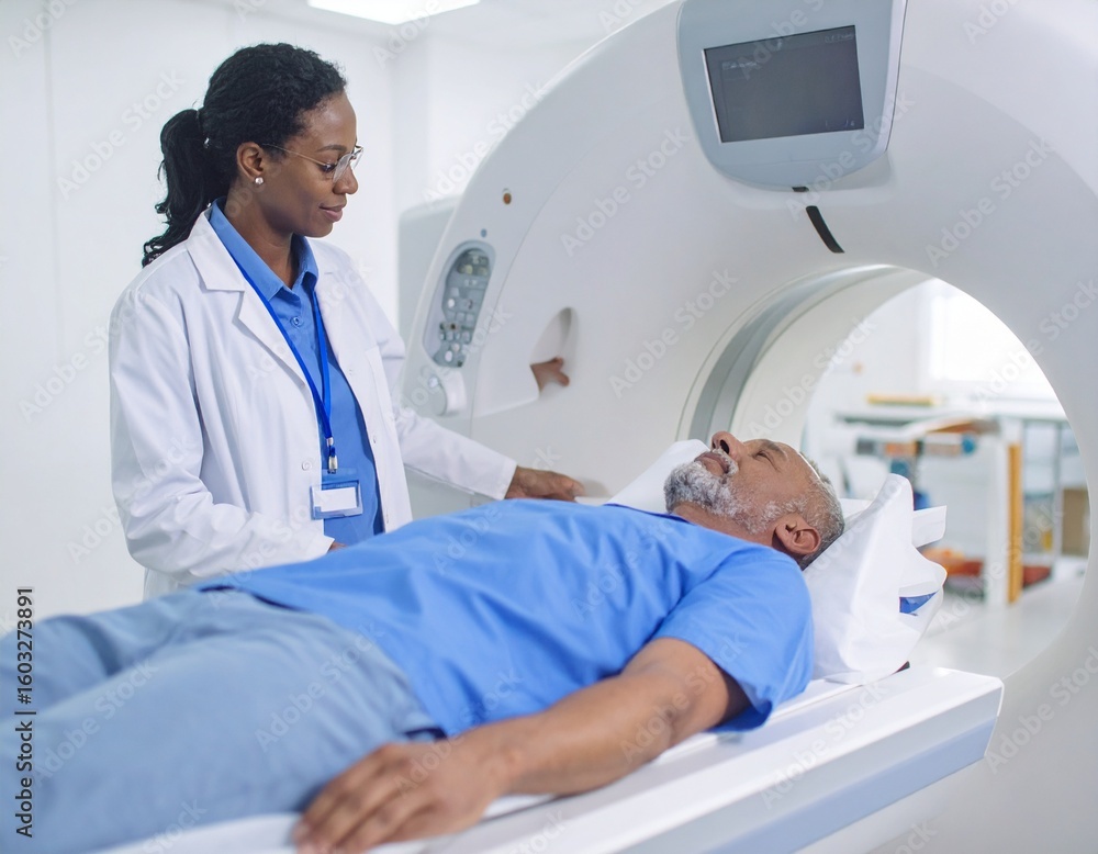 Obraz premium Mature man going through MRI scanner in examination room at hospital . Male patient lying during CAT scan with woman technical operating the machine.
