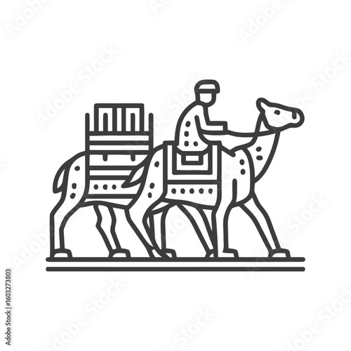 Ancient Caravan Journey: Stylized Line Art of a Rider on a Laden Dromedary Camel