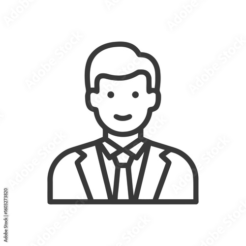 Smiling Professional Man Icon in Minimalist Line Art Suit, Business Avatar Outline