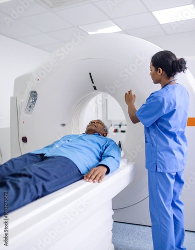 Mature man going through MRI scanner in examination room at hospital . Male patient lying during CAT scan with woman technical operating the machine.
