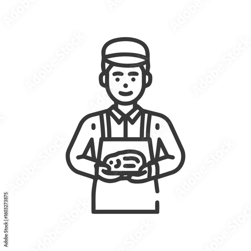 Minimalist Line Art Icon: Smiling Worker in Apron and Cap Holding a Package, Ideal for Service Industry