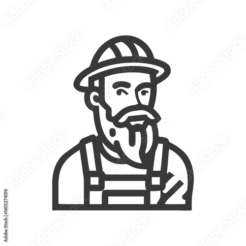 Rugged Bearded Worker in Hard Hat, Bold Line Art Icon