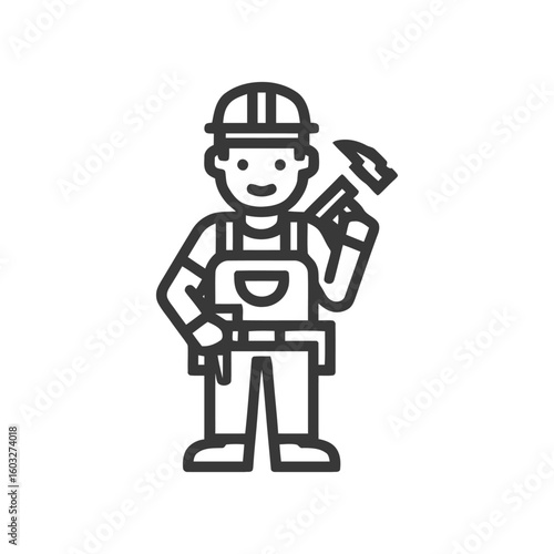 Friendly Builder Character with Hammer and Tool Belt Line Art Icon
