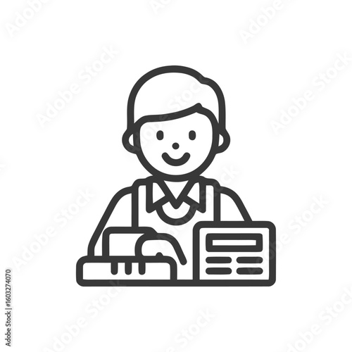 Friendly Cashier at Checkout Counter, Minimalist Line Art Icon for Retail Service.