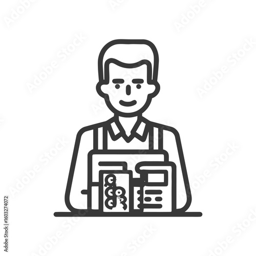 Friendly Clerk in Apron Presenting Goods, Minimalist Line Art Icon