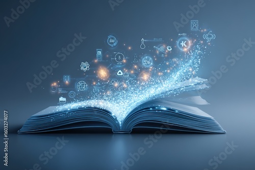 An open glowing book from which knowledge and data icons emerge, symbolizing education, technology, learning, and information