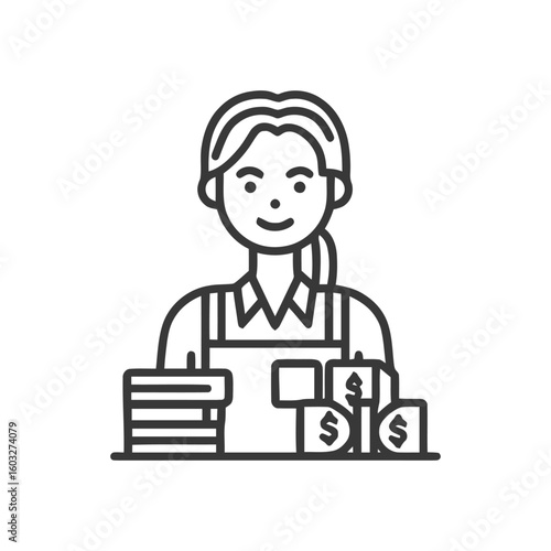 Financial Clerk Woman with Stacks of Cash and Coins, Clean Line Art Icon
