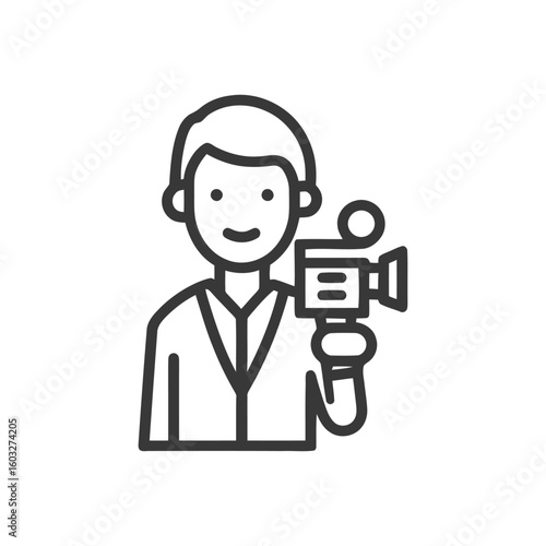 Smiling Videographer with Camera, Professional Outline Icon for Media
