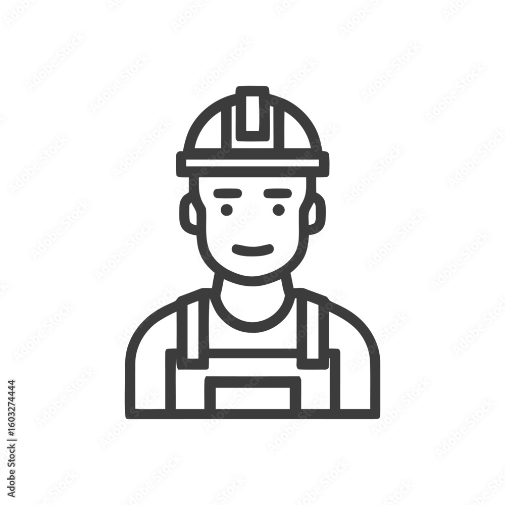 Modern Outline Icon of a Smiling Builder in Hard Hat and Overalls Modern Outline Icon of a Smiling Builder in Hard Hat and Overalls