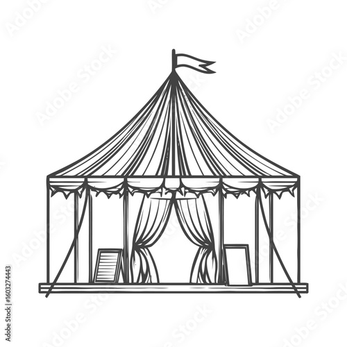 Hand-Sketched Big Top Pavilion with Parted Drapes and a Waving Flag