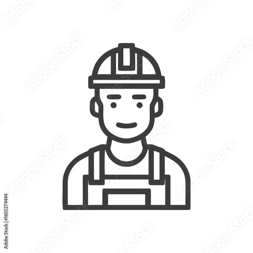Modern Outline Icon of a Smiling Builder in Hard Hat and Overalls