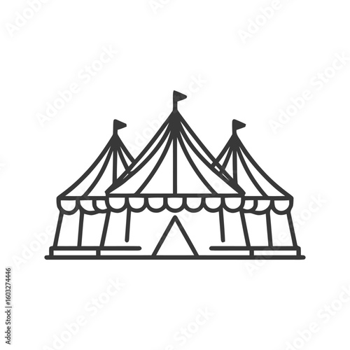 Minimalist Big Top Circus Tent with Three Peaks and Flags Line Icon