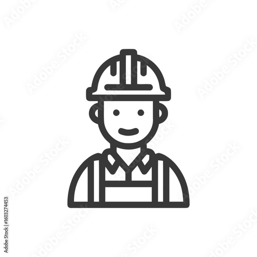 Smiling Construction Worker Avatar: Minimalist Line Icon in Hard Hat