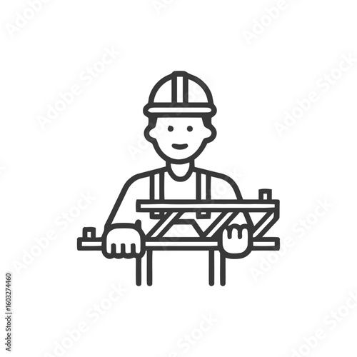Friendly Construction Worker Holding a Truss Beam, Minimalist Line Art Icon