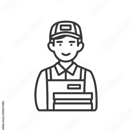 Smiling Delivery Man in Uniform Holding Packages, a Minimalist Line Art Icon