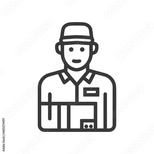 Friendly Courier in Uniform Holding a Parcel, Minimalist Line Art Icon