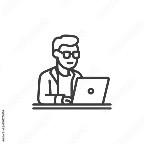 Focused Male Character with Glasses Working on Computer, Line Art Icon