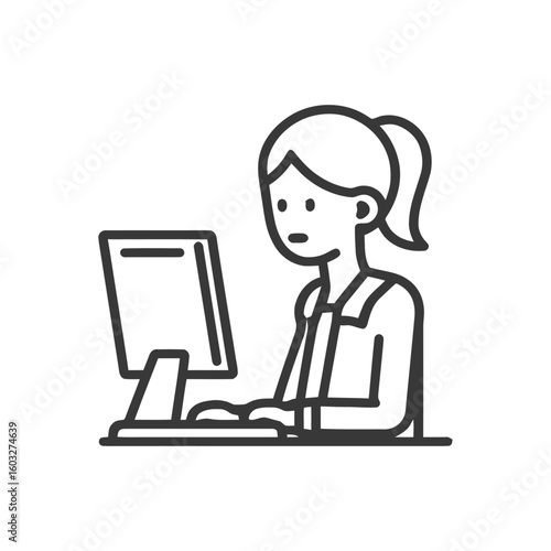 Minimalist line icon of a woman with a ponytail working on a desktop computer.