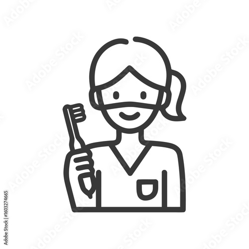 Smiling Female Dental Professional Line Art Icon with Toothbrush and Mask for Oral Health