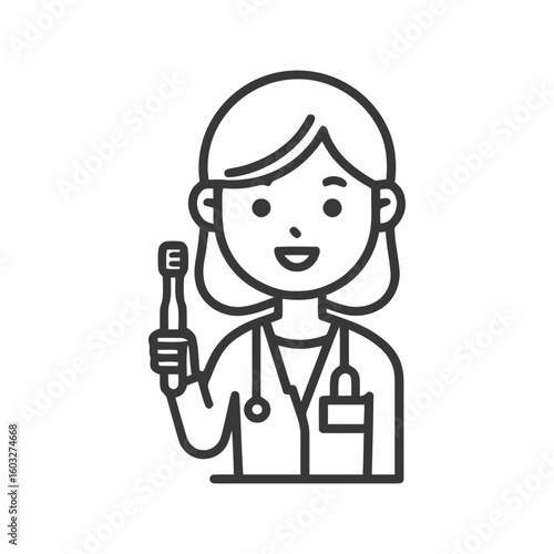 Clean Line Art Icon of a Smiling Female Dentist Promoting Oral Health
