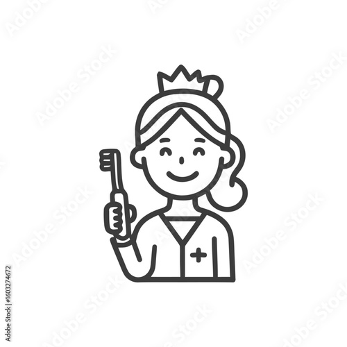Friendly Female Dentist with Crown Holding Toothbrush Line Art