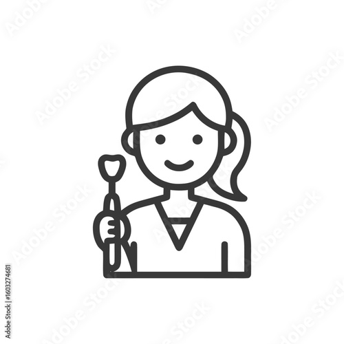 Friendly Woman Dentist Holding Dental Mirror, Professional Healthcare Line Icon