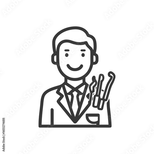 Friendly Dentist Character Line Art Icon with Smile and Dental Tools