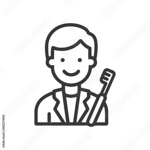 Clean Line Art Icon of Smiling Person in Uniform Holding Toothbrush, Symbolizing Dental Care and Oral Hygiene.