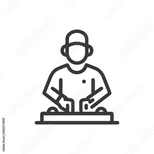 Minimalist Line Icon of a DJ with Headphones Mixing on Decks