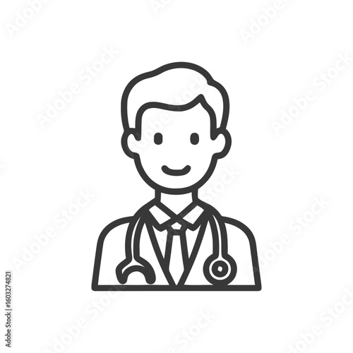 Friendly Male Doctor with Stethoscope, Minimalist Medical Professional Line Icon