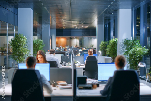 People working in a modern office at nighttime
