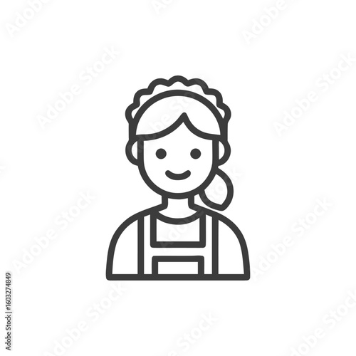 Smiling Maid in Uniform with Frilly Cap, Minimalist Line Art Icon