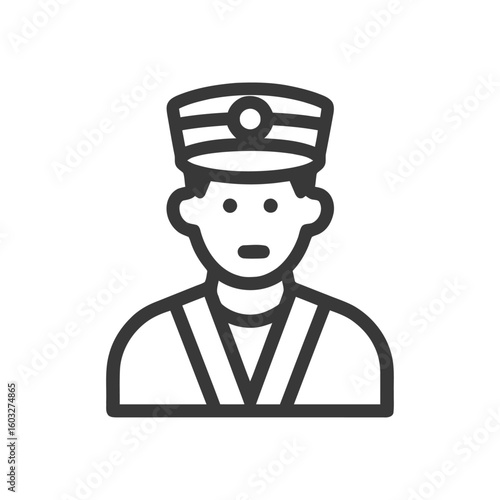 Minimalist Bellhop Icon with Uniform and Cap, Bold Line Art