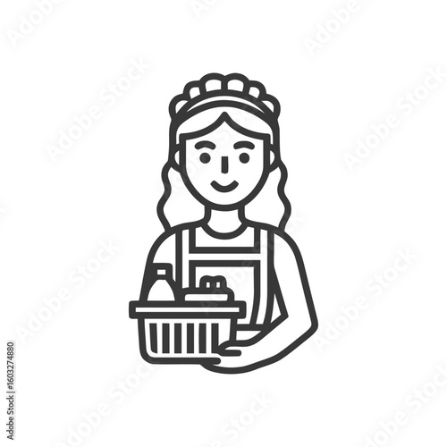 Cheerful Housekeeper with Cleaning Supplies Basket, Line Art Vector Icon