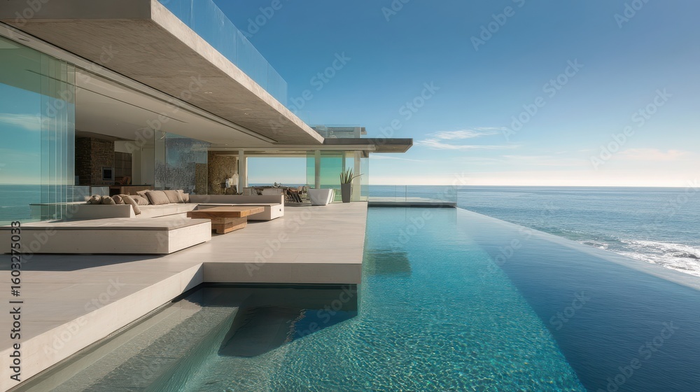 Fototapeta premium Modern luxury villa with infinity pool overlooking the ocean