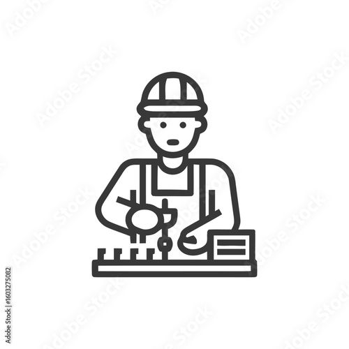 Focused Technician Assembling Electronics, Minimalist Line Art Icon