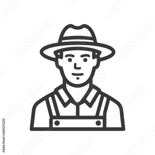 Monochrome Line Art Icon of a Farmer in a Fedora and Overalls