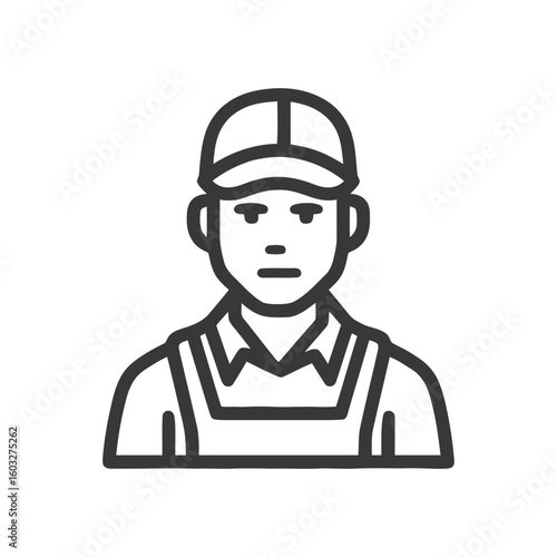 Bold Line Art Icon of a Male Worker in a Cap and Overalls